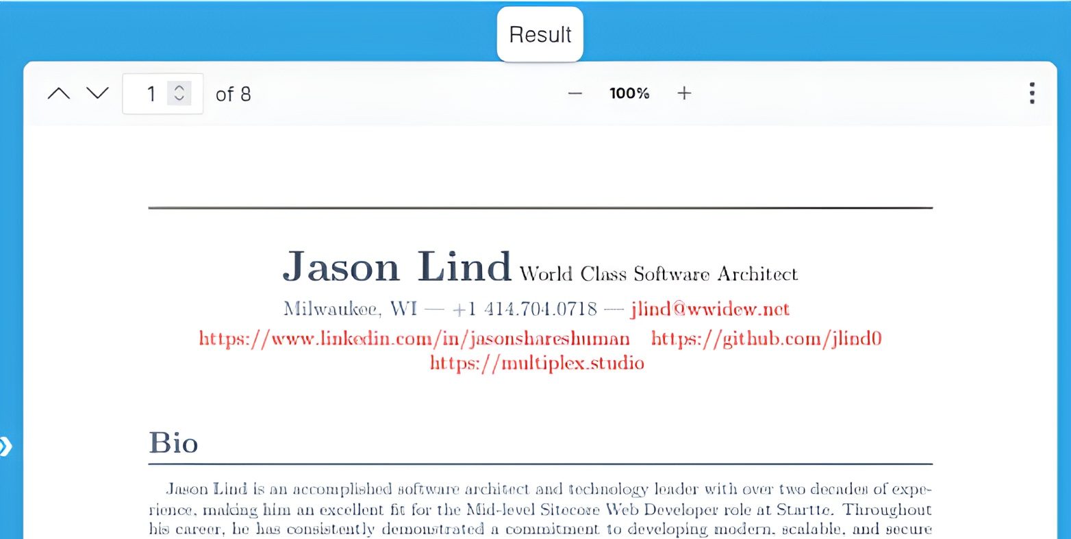 One of the professional resumes generated with the software pictured on a blue background as it is seen in the UI.